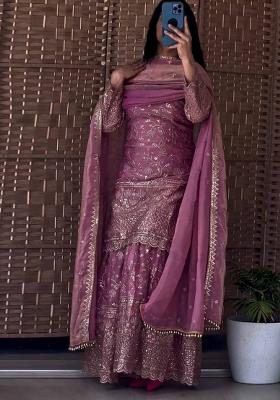 Peach Embroidery Silk Salwar Suit Set