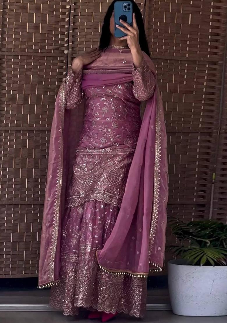 Peach Embroidery Silk Salwar Suit Set - Indya