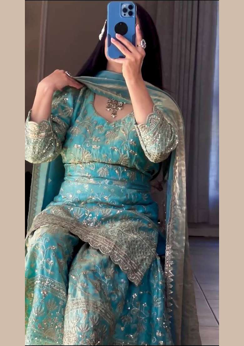Sky Green Embroidery Silk Blend Salwar Suit Set - Indya