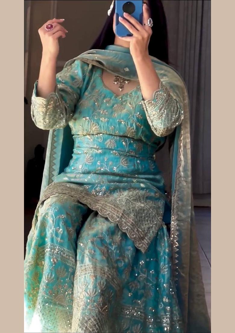 Sky Green Embroidery Silk Salwar Suit Set - Indya
