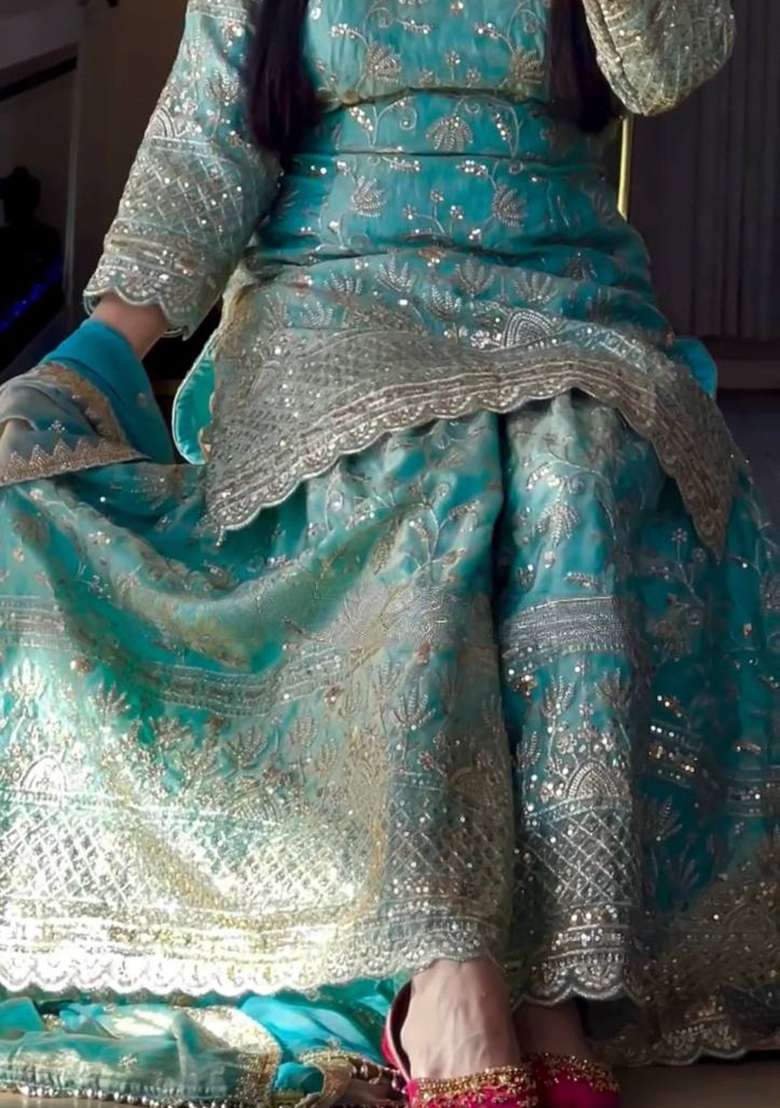 Sky Green Embroidery Silk Blend Salwar Suit Set - Indya