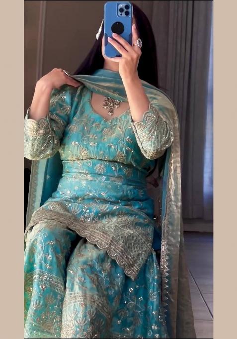 Sky Green Embroidery Silk Salwar Suit Set — view on Indya