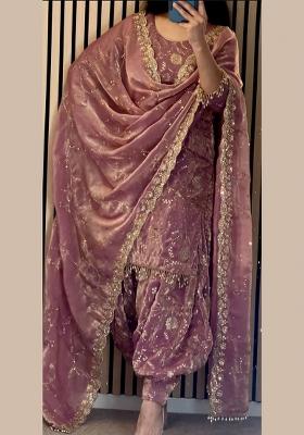 Peach Embroidery Silk Salwar Suit Set