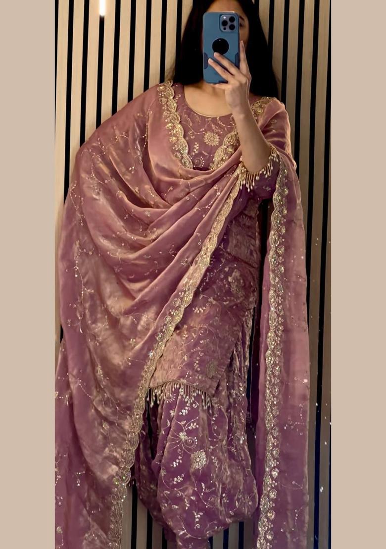 Peach Embroidery Silk Salwar Suit Set - Indya