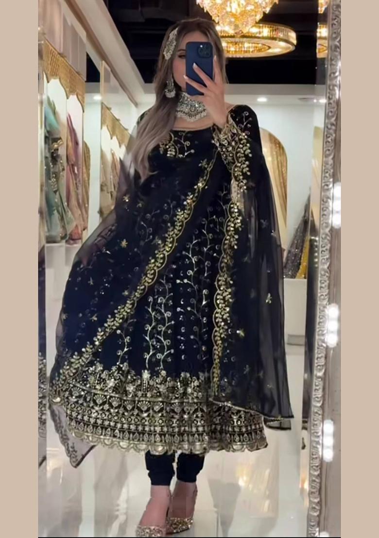 Black Embroidery Georgette Salwar Suit Set - Indya