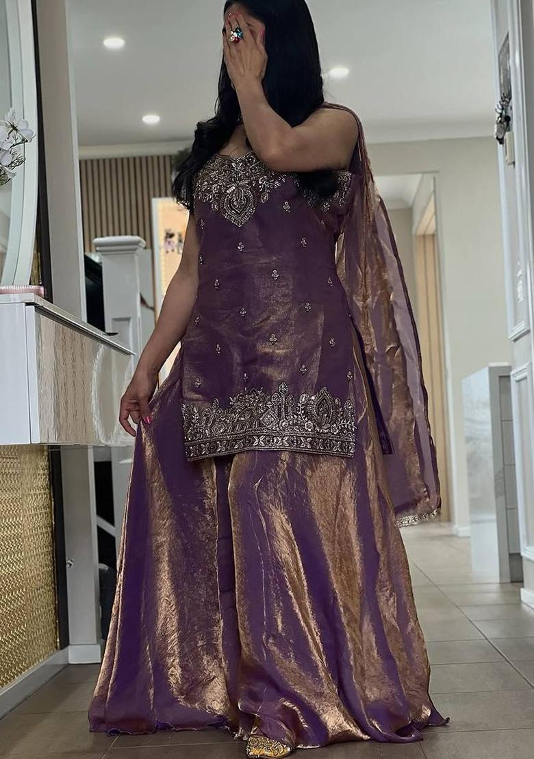 Purple Embroidery Silk Salwar Suit Set - Indya