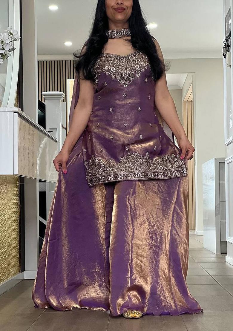 Purple Embroidery Silk Salwar Suit Set - Indya