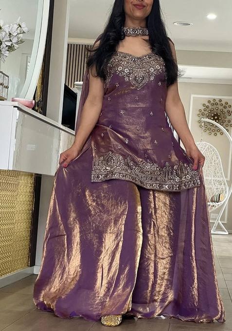 Purple Embroidery Silk Salwar Suit Set — view on Indya