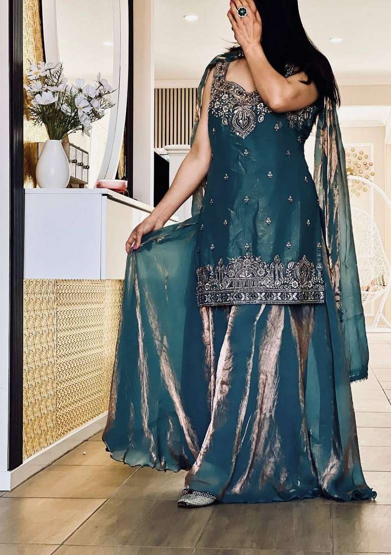 Sky Green Embroidery Silk Blend Salwar Suit Set - Indya