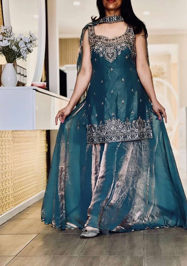Sky Green Embroidery Silk Blend Salwar Suit Set - Indya