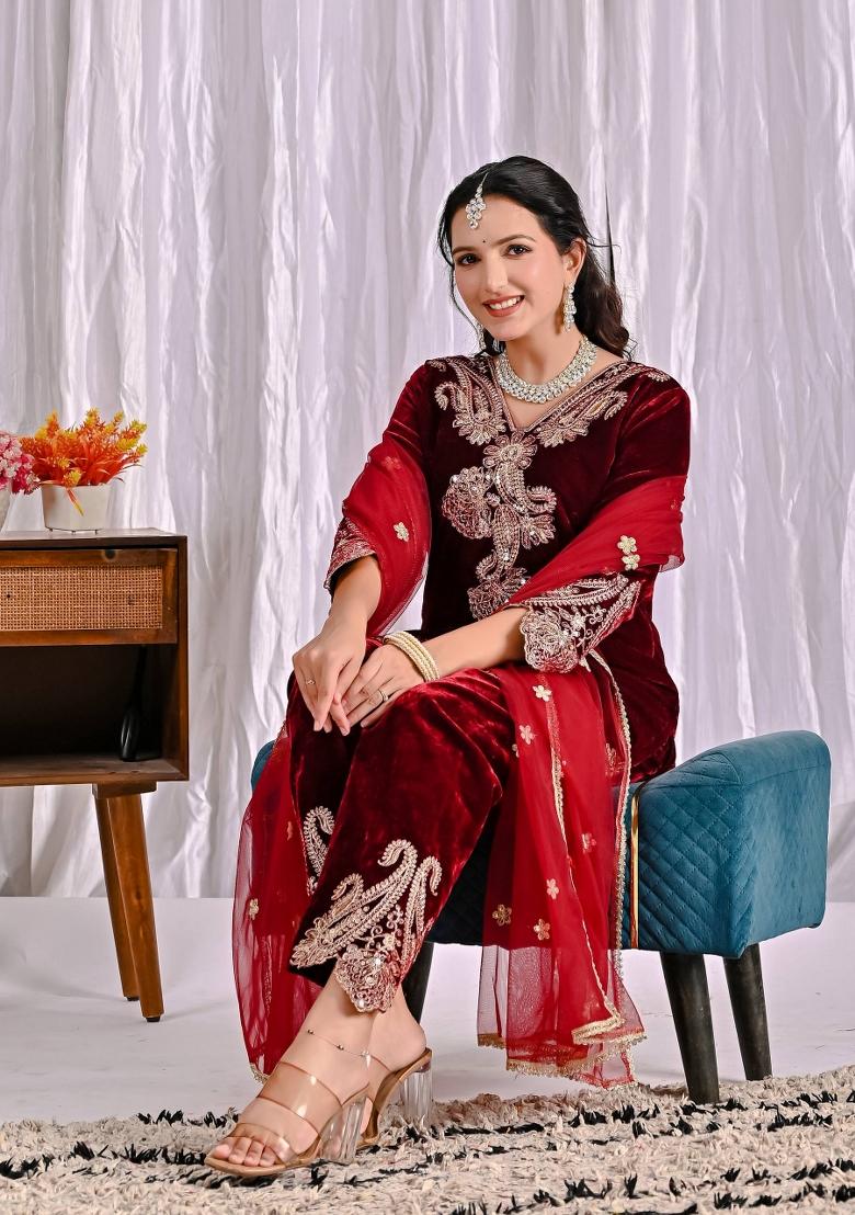 Maroon Embroidery Viscose Salwar Suit Set - Indya