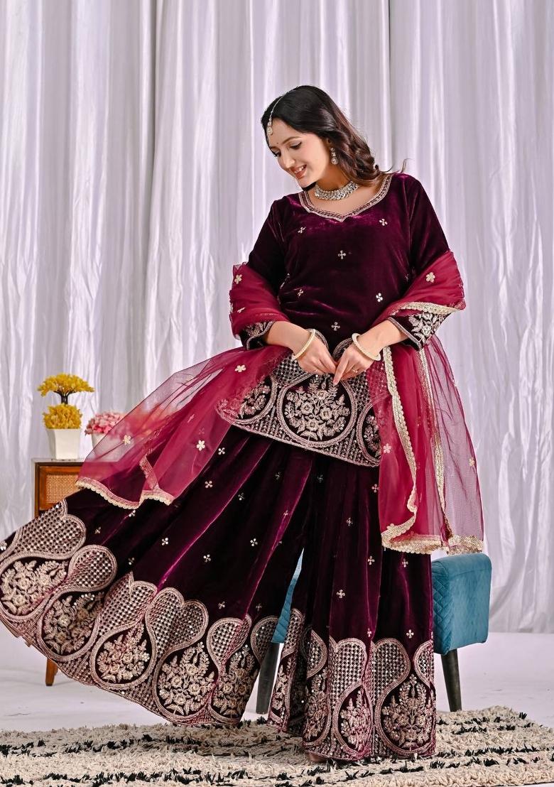 Wine Embroidery Velvet Salwar Suit Set - Indya