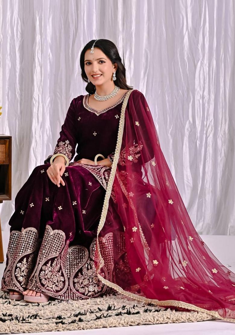 Wine Embroidery Velvet Salwar Suit Set - Indya