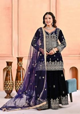 Navy Blue Embroidery Velvet Salwar Suit Set