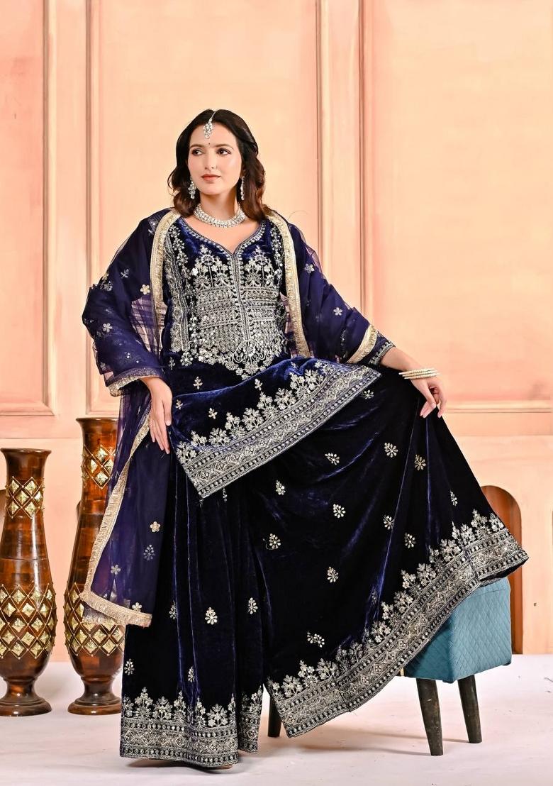 Navy Blue Embroidery Velvet Salwar Suit Set - Indya