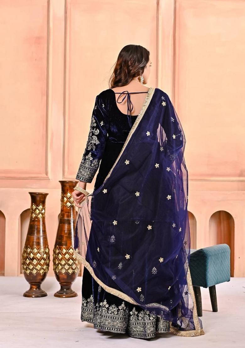 Navy Blue Embroidery Velvet Salwar Suit Set - Indya