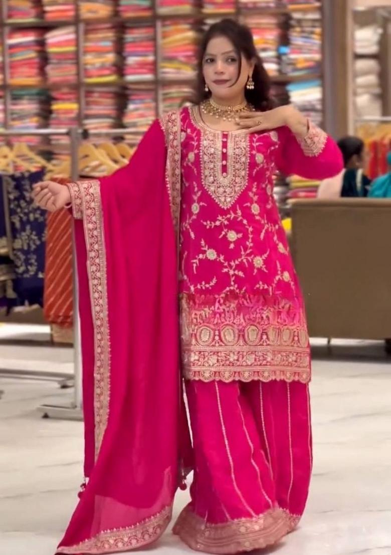 Pink Embroidery Silk Sharara Set - Indya