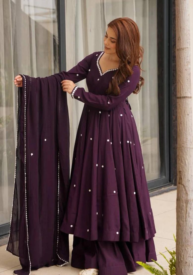 Wine Embroidery Silk Palazzo Set - Indya