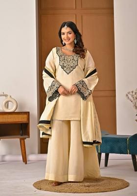 Off White Embroidery Silk Sharara Set