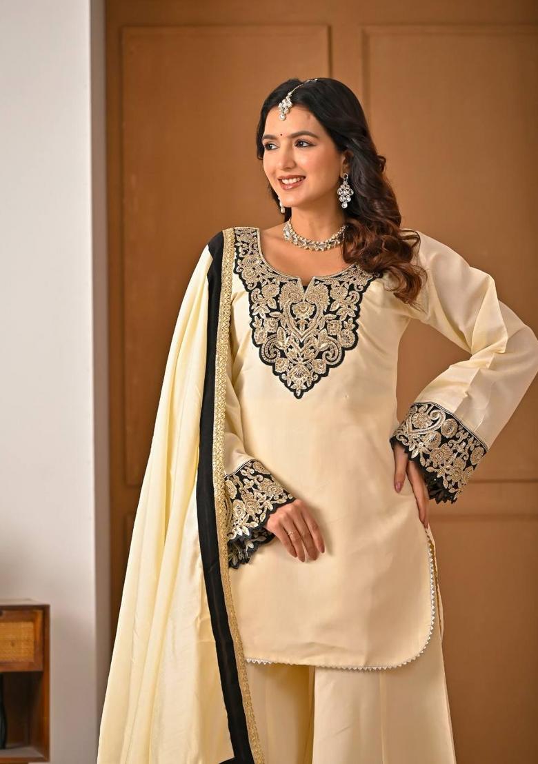 Off White Embroidery Silk Sharara Set - Indya