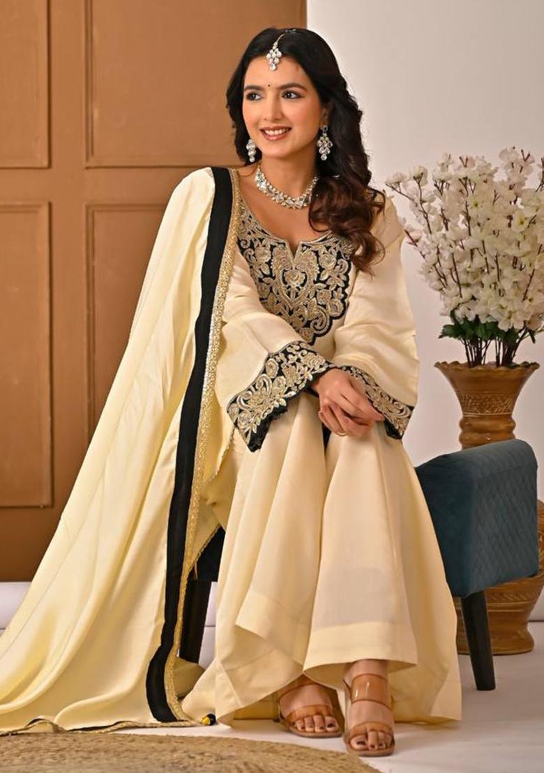 Off White Embroidery Silk Sharara Set - Indya