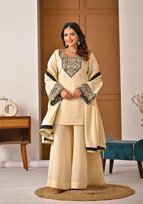 Off White Embroidery Silk Sharara Set — view on Indya