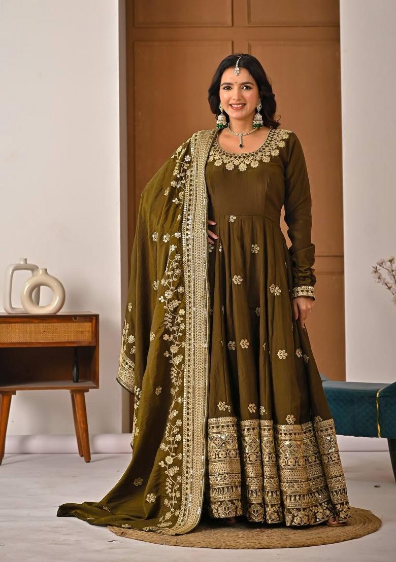 Mehendi Embroidery Silk Salwar Suit Set - Indya