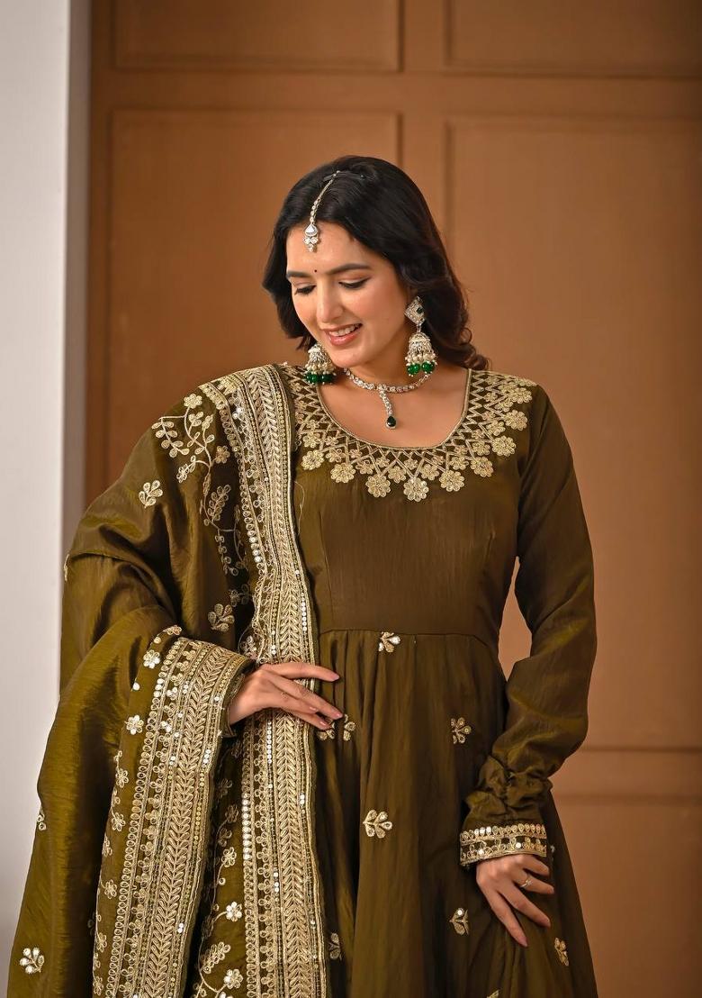 Mehendi Embroidery Silk Salwar Suit Set - Indya