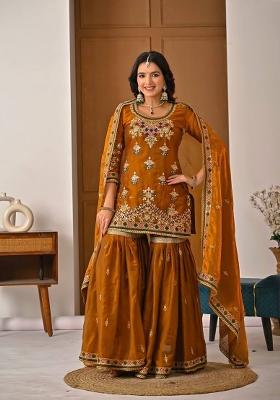 Orange Embroidery Silk Salwar Suit Set