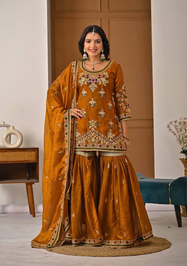 Orange Embroidery Silk Salwar Suit Set - Indya