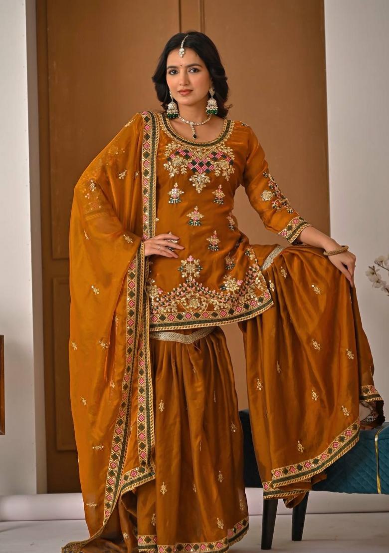 Orange Embroidery Silk Salwar Suit Set - Indya