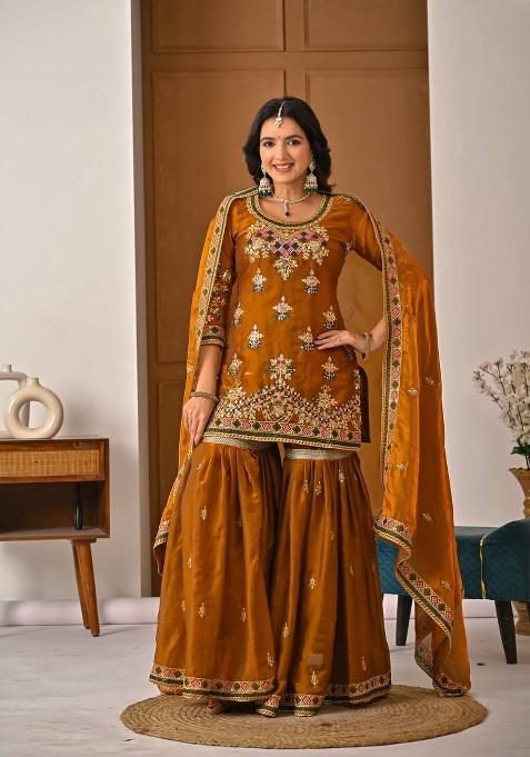 Orange Embroidery Silk Salwar Suit Set — view on Indya