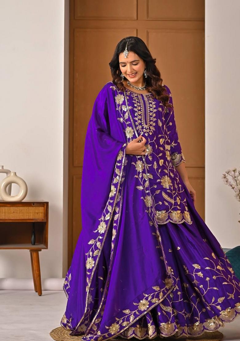 Purple Embroidery Silk Salwar Suit Set - Indya