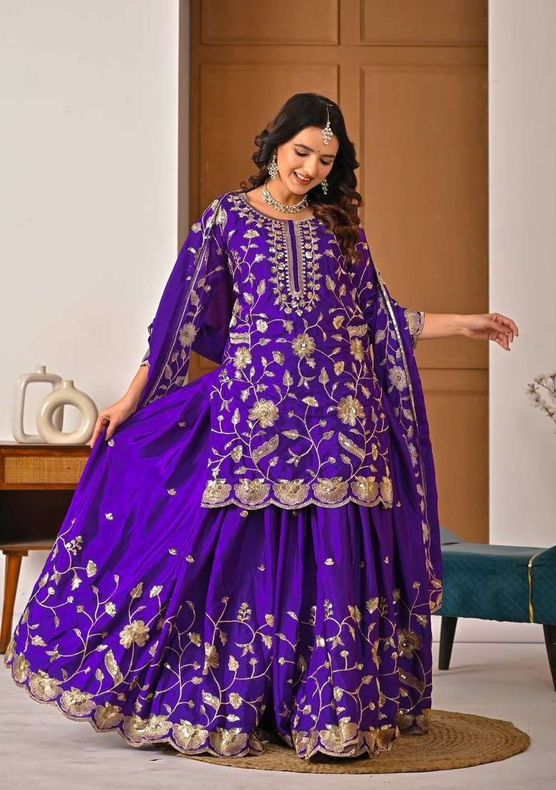 Purple Embroidery Silk Blend Salwar Suit Set - Indya