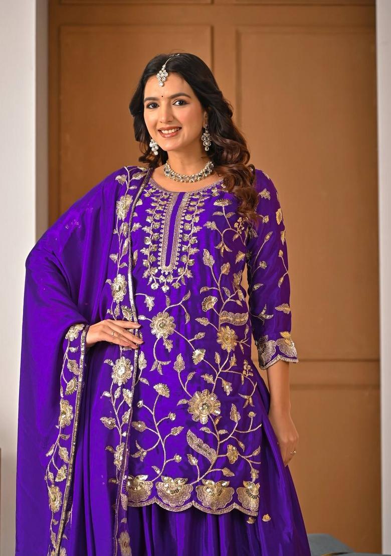 Purple Embroidery Silk Salwar Suit Set - Indya