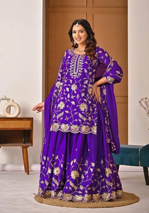 Purple Embroidery Silk Salwar Suit Set — view on Indya