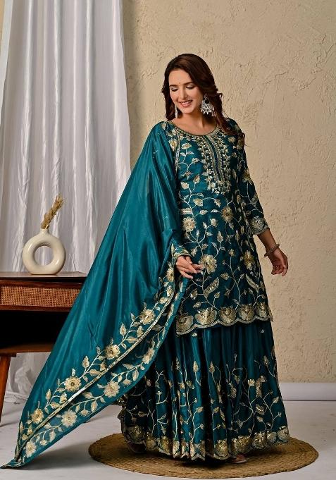 Green Embroidery Silk Salwar Suit Set — view on Indya