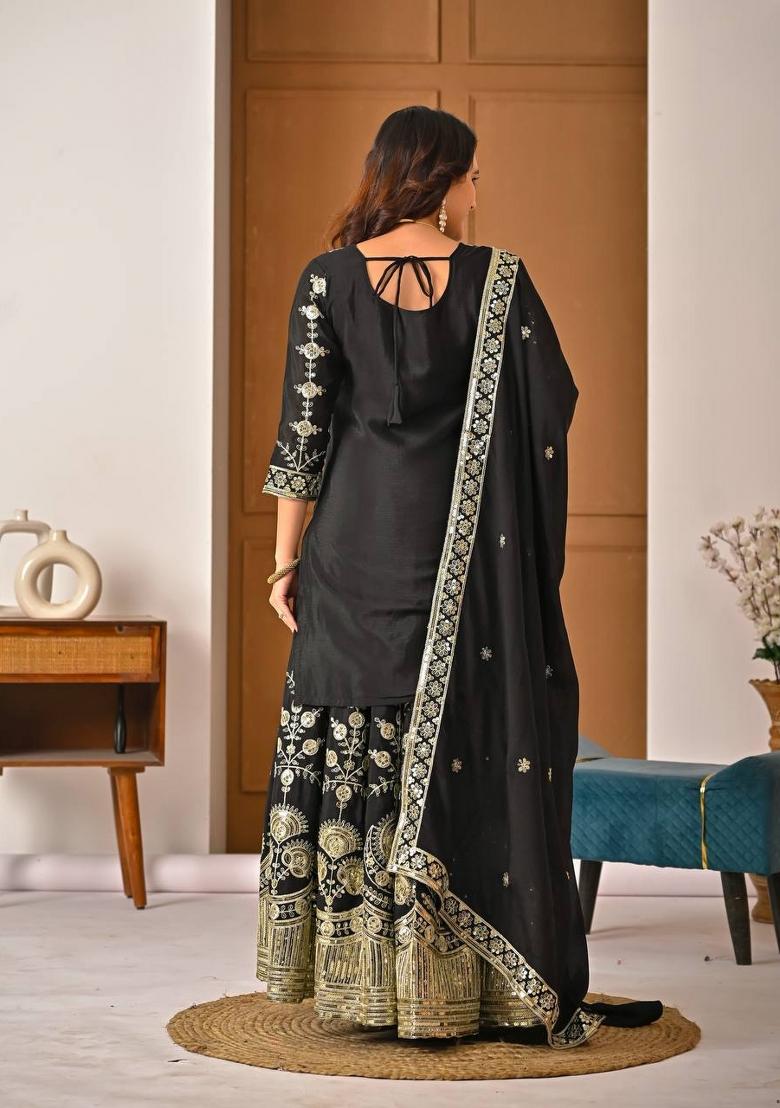 Black Embroidery Silk Salwar Suit Set - Indya