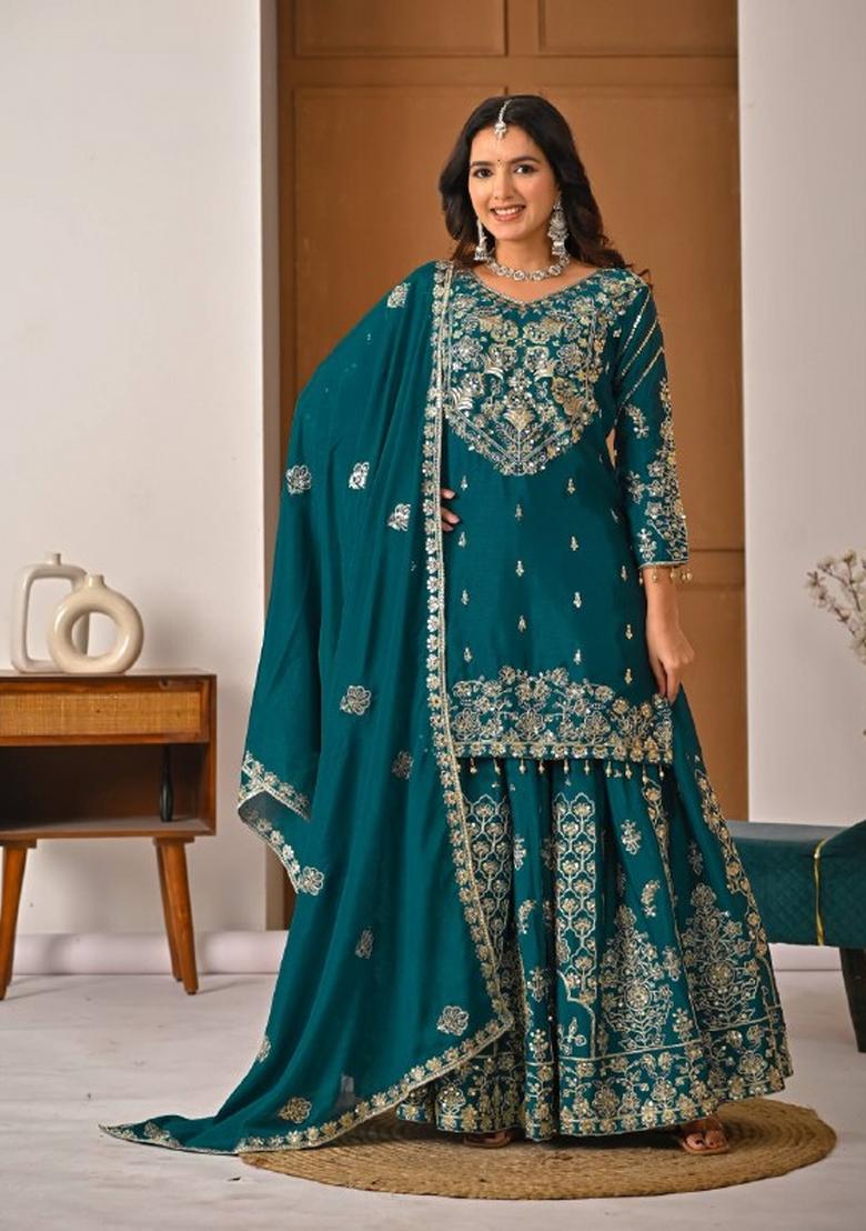 Blue Embroidery Silk Salwar Suit Set - Indya
