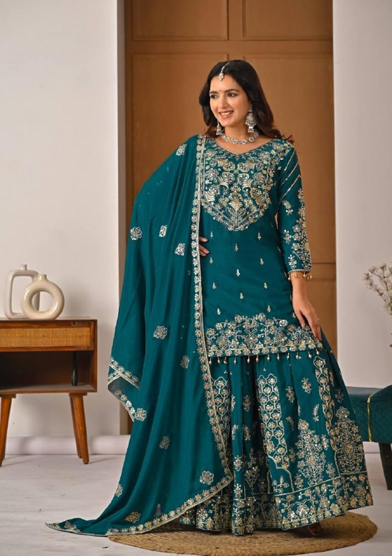 Blue Embroidery Silk Salwar Suit Set - Indya
