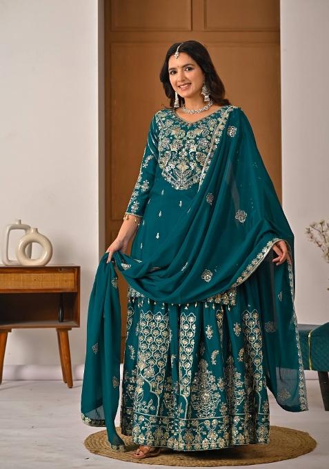 Blue Embroidery Silk Salwar Suit Set — view on Indya