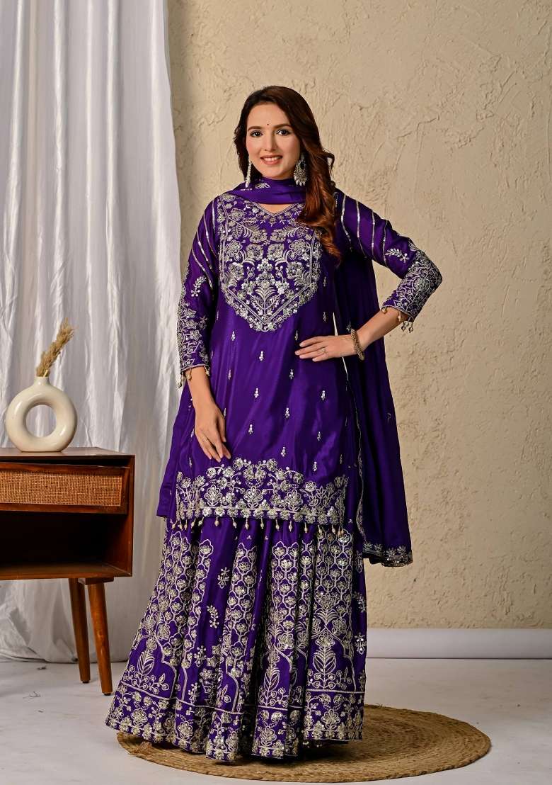 Purple Embroidery Silk Blend Salwar Suit Set - Indya
