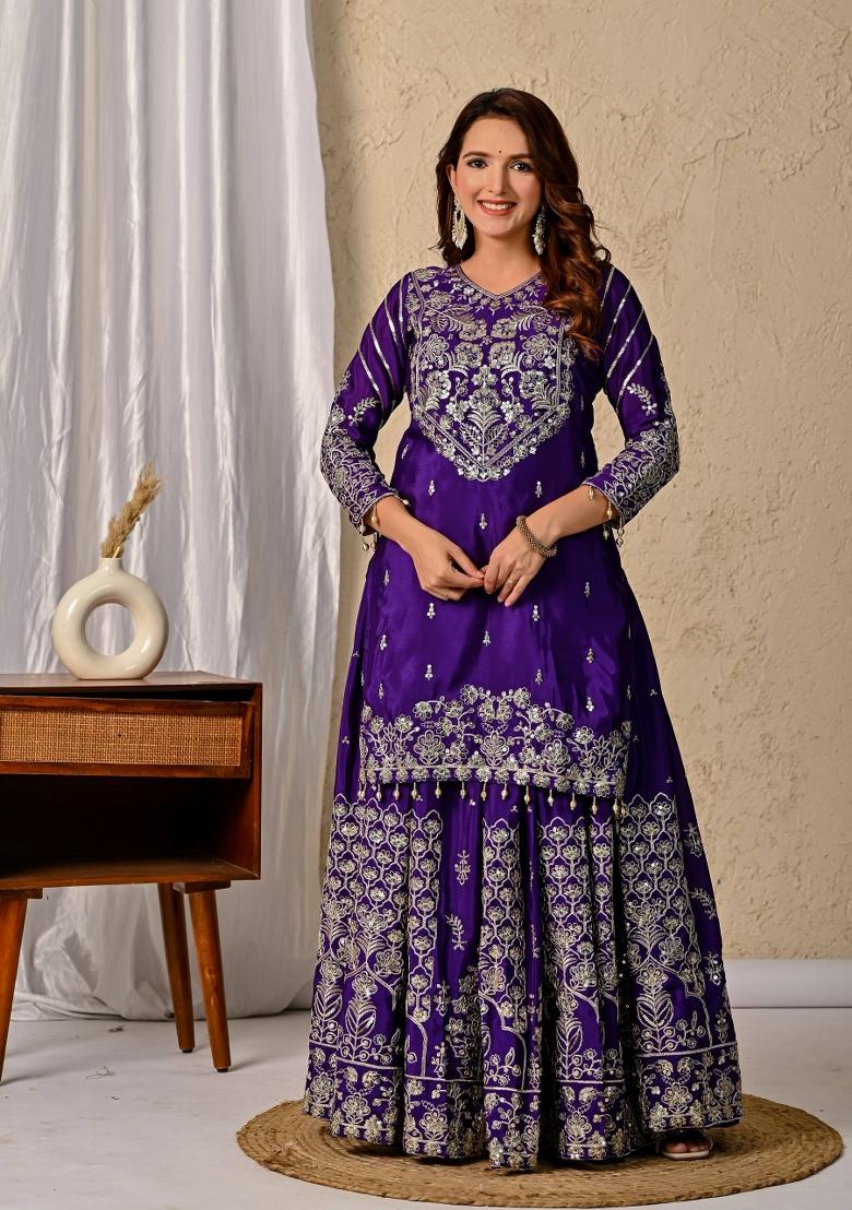 Purple Embroidery Silk Salwar Suit Set - Indya