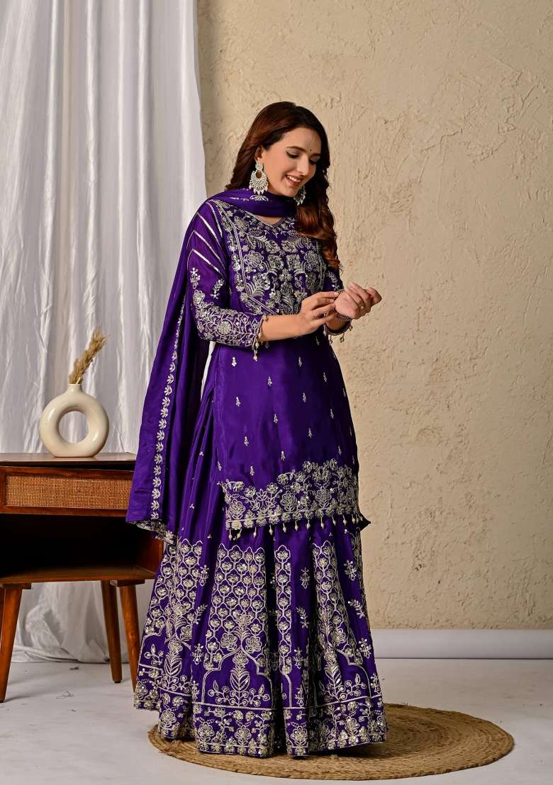 Purple Embroidery Silk Blend Salwar Suit Set - Indya