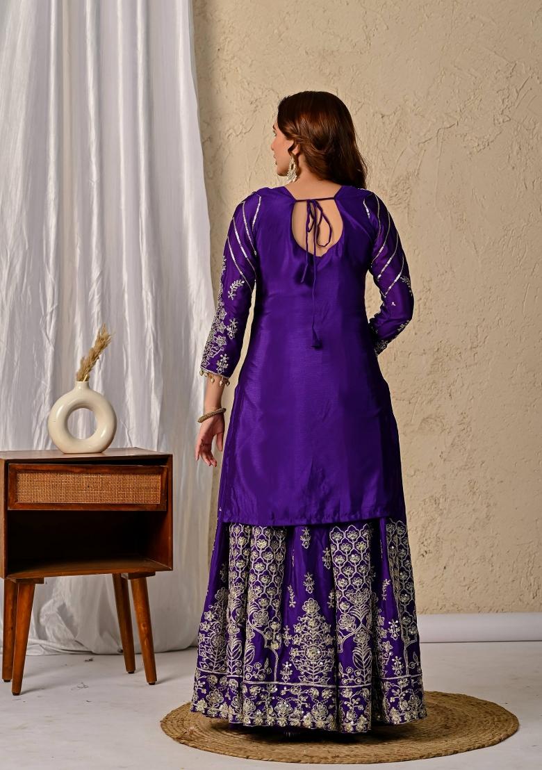 Purple Embroidery Silk Salwar Suit Set - Indya
