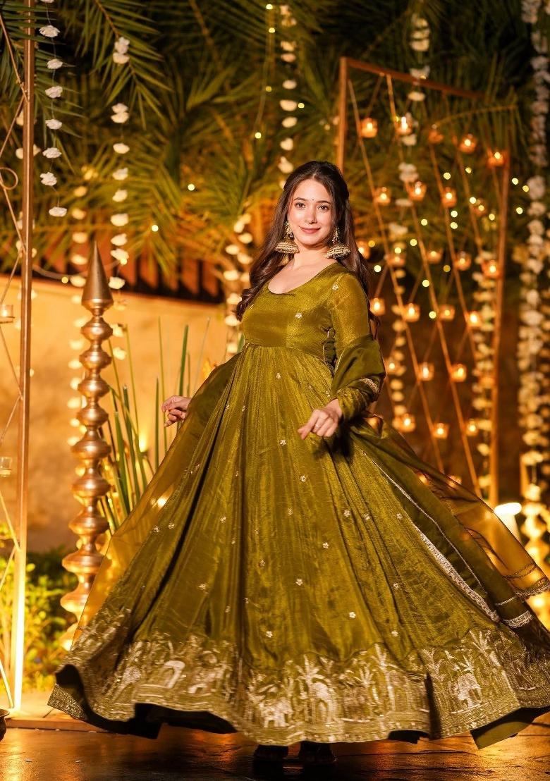 Mehendi Embroidery Silk Sharara Set - Indya