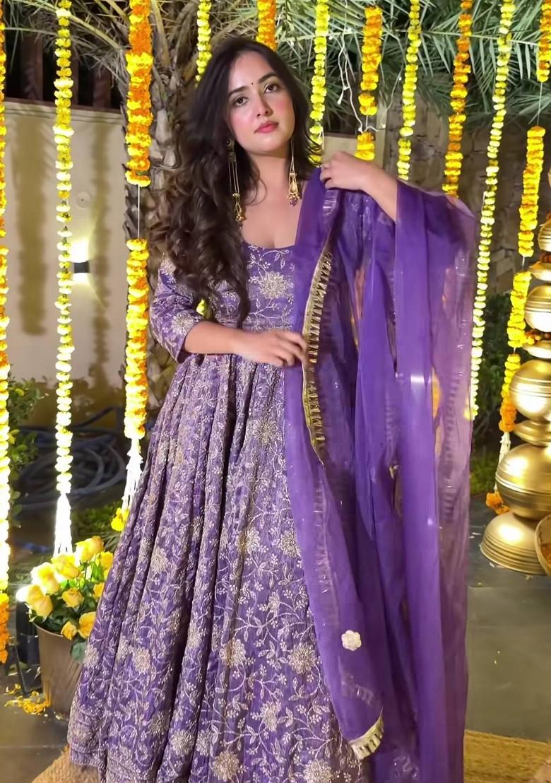 Purple Embroidery Silk Salwar Suit Set - Indya