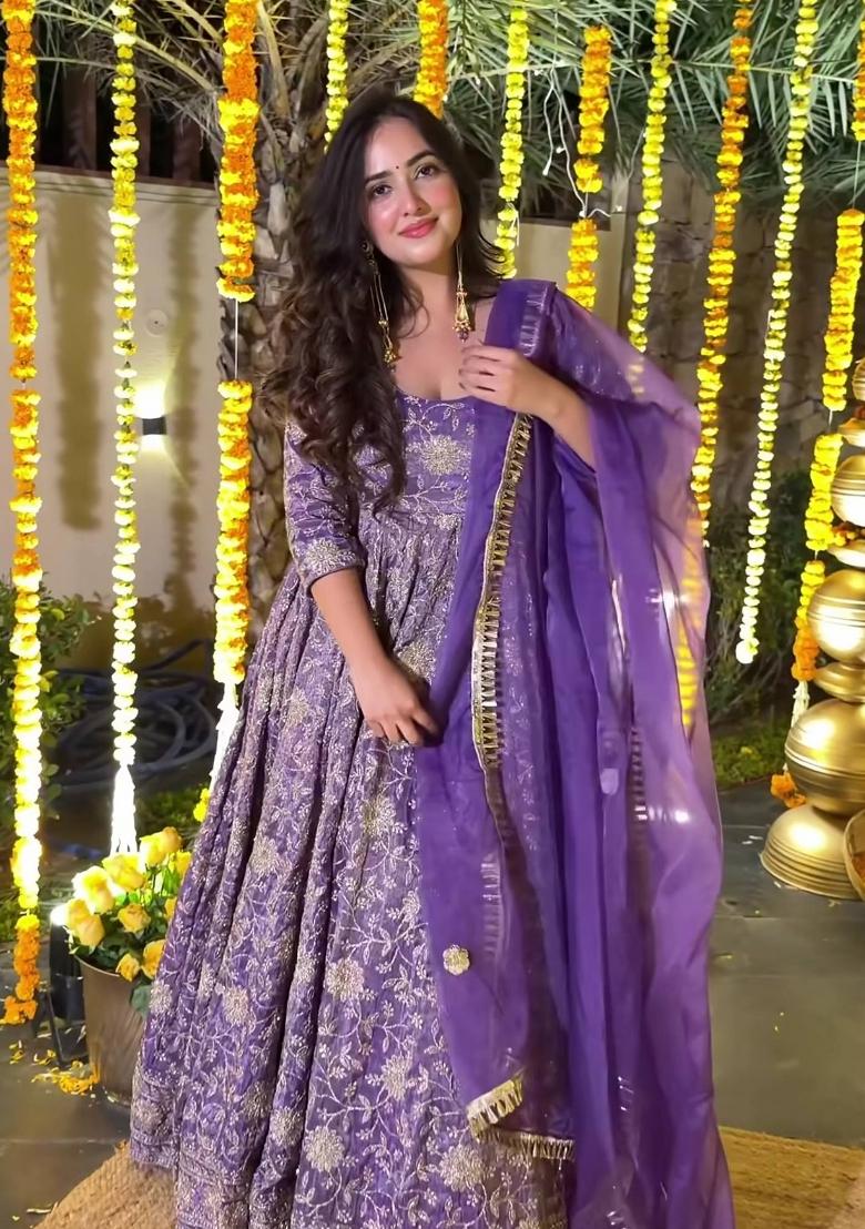 Purple Embroidery Silk Salwar Suit Set - Indya