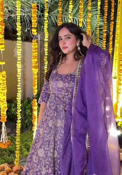 Purple Embroidery Silk Salwar Suit Set — view on Indya