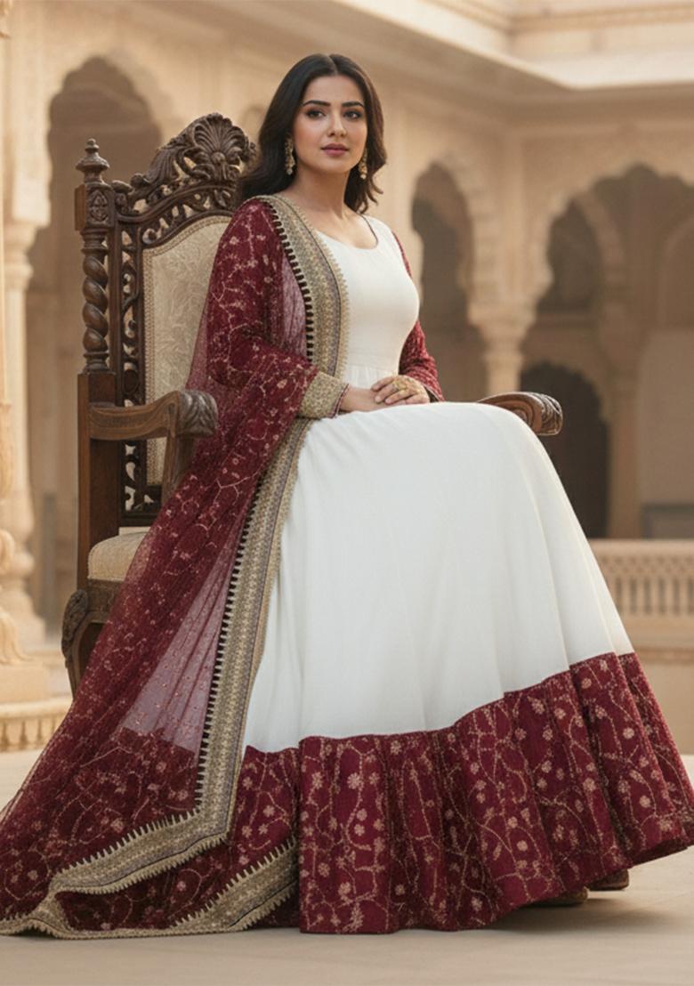 White Embroidery Georgette Anarkali Set - Indya